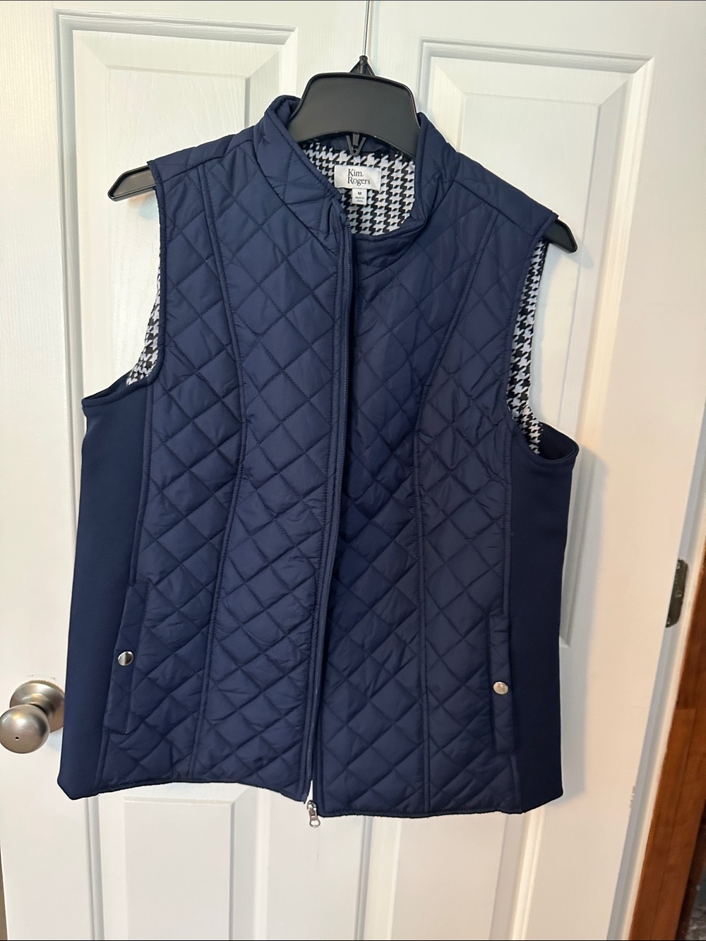 Kim Rogers Quilted Navy Sleeveless Vest with Houndstooth Lining
